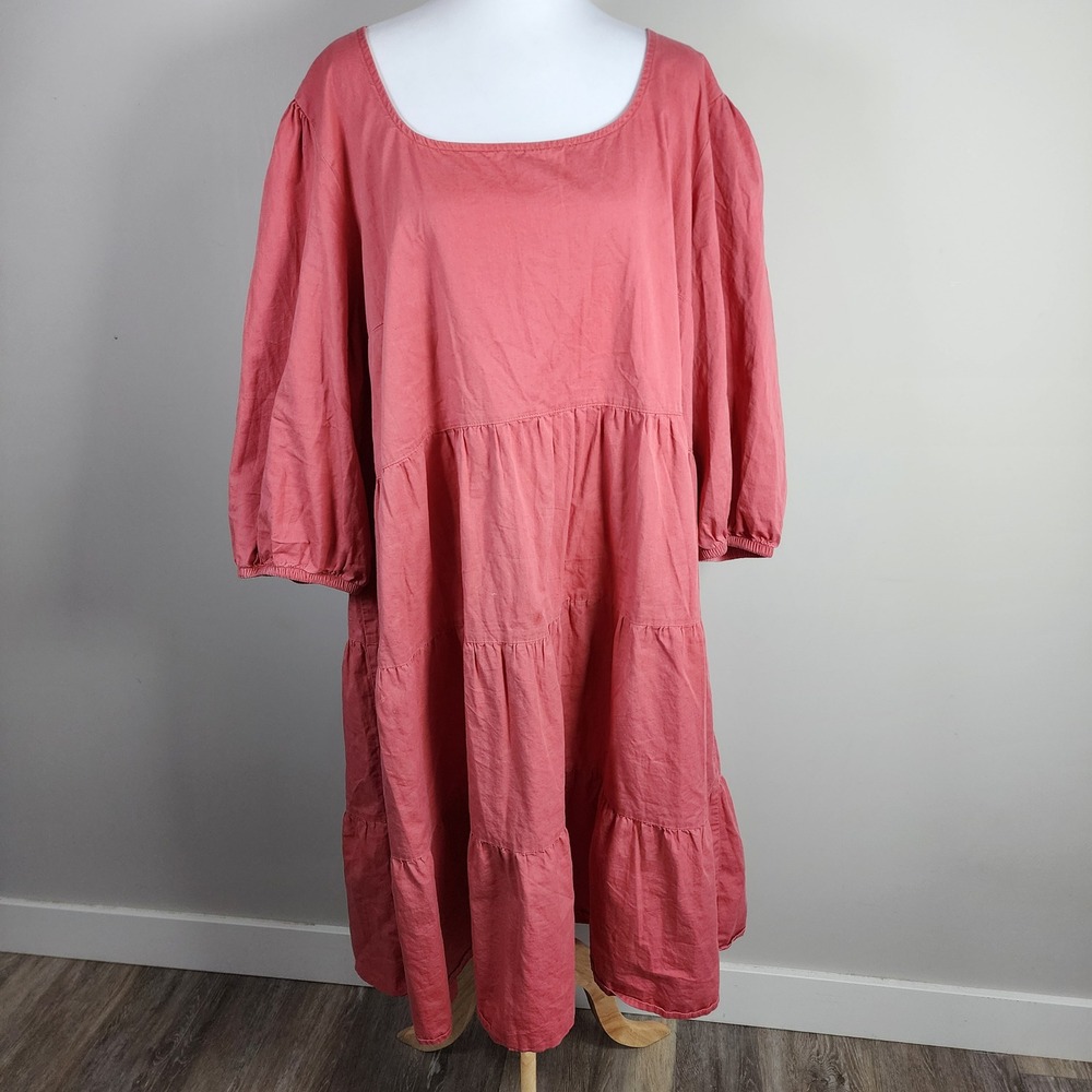 George Plus‎ Tiered Midi Dress Womens 3X Pink Cotton Puff Sleeve Cottage Prairie
